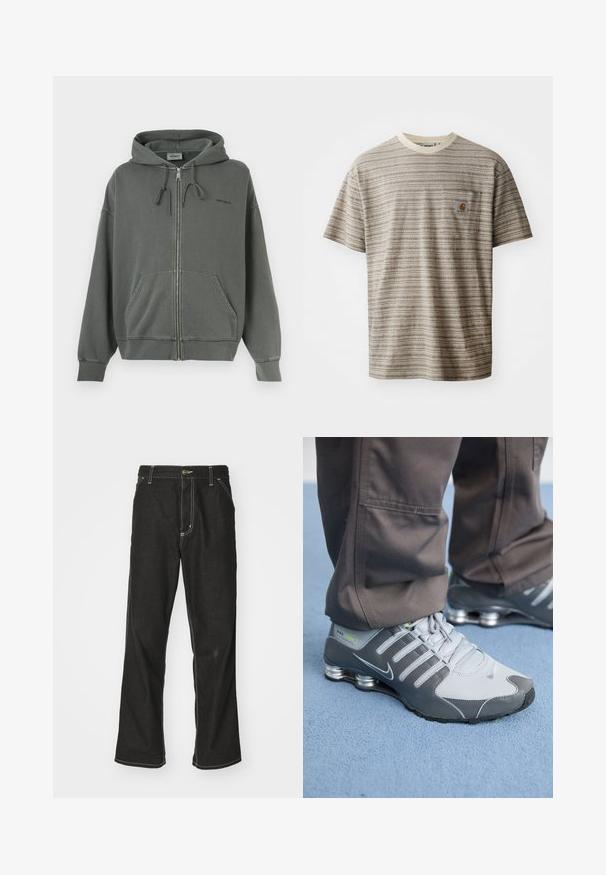 Sudadera gris con cremallera hecha de una suave mezcla de algodón, con capucha ajustable, bolsillos frontales y puños de canalé. Logo de la marca en el pecho.; Camiseta de manga corta a rayas en beige y marrón, con cuello redondo y un bolsillo en el pecho con un parche de logo. Tejido texturizado.; Jeans de mezclilla negra con un corte holgado, que cuentan con costuras blancas contrastantes, cierre de botón y un diseño de pierna recta.; Las zapatillas Nike Shox en gris y plata tienen un diseño elegante, con materiales de malla y sintéticos, punta redondeada y un collar acolchado.