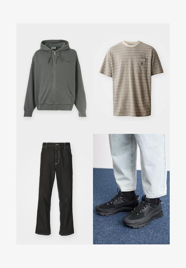 Felpa grigia con zip realizzata in morbido misto cotone, dotata di cappuccio con coulisse, tasche frontali e polsini a coste. Logo del marchio sul petto.; T-shirt a maniche corte a righe in beige e marrone, con scollo rotondo e una tasca sul petto con un'etichetta logo. Tessuto texture.; Jeans in denim nero con una vestibilità ampia, caratterizzati da cuciture bianche a contrasto, chiusura a bottone e un design a gamba dritta.; Scarpe sportive nere con tessuto testurizzato e suole in gomma, dotate di lacci elastici e un accento blu sul tallone. Indossate con pantaloni in denim chiaro.