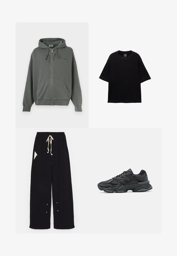 Grijze rits hoodie van een zachte katoenmix, met een trekkoord capuchon, voorzakken en ribgebreide boorden. Merkenlogo op de borst.; Zwarte T-shirt met korte mouwen, gemaakt van katoen, met een ronde halslijn en een ontspannen pasvorm. Gladde textuur met minimale stikdetails.; Zwarte wijde broek van zachte stof met een trekkoord in de taille, zijzakken en een driehoekige accentzak. Inclusief zilveren hardwaredetails.; Zwarte hardloopschoen met een mix van mesh en synthetische materialen, een stevige zool, gebogen ontwerp en prominente branding op de zijkant.