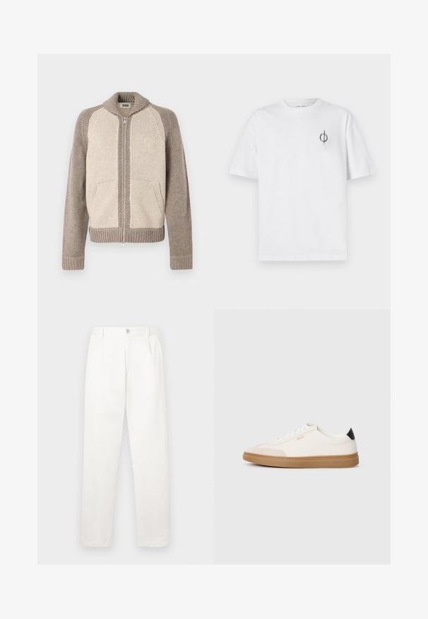 Casaco tricotado com fecho zip com painéis frontais bege, mangas taupe, gola canelada, punhos, bainha e bolsos frontais.; Camisa de algodão branca com um corte relaxado, apresentando um pequeno logótipo gráfico preto na área do peito esquerdo. Mangas curtas, estilo de gola redonda.; Calças brancas feitas de um tecido suave, com um design de perna reta, pregas frontais e um fecho de botão único na cintura.; Sapatilhas brancas com detalhes em bege, parte superior em couro liso, biqueira arredondada e sola de borracha de cor caramelo, apresentando um tab de calcanhar preto e uma marcação discreta.