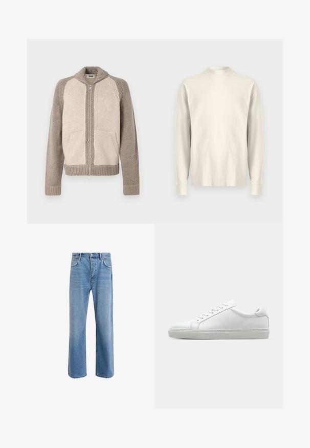 Reißverschluss-Strickjacke mit beigen Vorderteilen, taubfarbenen Ärmeln, geripptem Kragen, Bündchen, Saum und vorderen Taschen.; Langärmliges Shirt mit Stehkragen aus leichtem cremefarbenem Baumwollstoff. Glatte Textur, lockere Passform, minimalistisches Design, keine sichtbaren Muster oder Akzente.; Helle blaue Jeans im Geradeschnitt-Design, mit fünf Taschen, Knopfverschluss, minimaler Ausbleichung und kontrastierenden Nähdetails.; Weißer Sneaker mit glattem Lederobermaterial und niedrigem Profil. Verfügt über eine runde Zehenpartie, sechs Ösen und eine strukturierte Gummisohle.