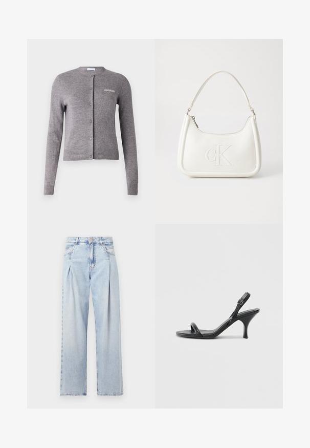 Harmaa neulottu neuletakki, jossa on pyöreä kaula-aukko, pitkät hihat, resorit hihansuissa ja helmassa, nappikiinnitys ja pieni brodeerattu logo rinnassa.; Valkoinen puuvillapaita lyhyillä hihoilla, pyöreällä kaula-aukolla ja rentolla istuvuudella. Sujuva rakenne, ei kuvioita tai yksityiskohtia, minimalistinen muotoilu.; Vaaleansiniset farkut, joissa on korkea vyötärö, leveälahkeinen leikkaus, kaksi sivutaskua ja pleatattu muotoilu. Pehmeä rakenne, jossa on haalistunut viimeistely.; Mustat nahkaiset korkokengät, joissa on hoikka, kaareva korko ja ristiin menevä hihnadesign. Säädettävä nilkkahihna. Silkkinen pinta.; Valkoinen nahkalaukku, jossa on kaareva muotoilu, etupuolella kohokuvioitu "CK" -logo ja yksi olkahihna. Vetoketjukiinnitys ylhäällä.