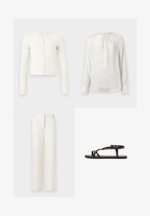 White ribbed cardigan with long sleeves, V-neckline, and a button-down front. Made from a soft, textured fabric.; White long-sleeve blouse with a round neckline and tie closure. Features a textured trim along the front and cuffs. Smooth fabric finish.; Beige wide-leg trousers in a linen blend, featuring a smooth texture, classic front pleats, and side pockets for added functionality.; Black leather sandals with thin straps and a buckled ankle strap. Flat sole with a textured finish and zigzag edge. Minimalist design.
