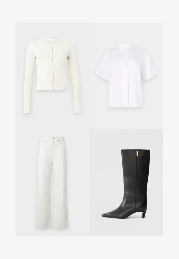 Weißer gerippter Cardigan mit langen Ärmeln, V-Ausschnitt und durchgehender Knopfleiste. Hergestellt aus einem weichen, strukturierten Stoff.; Kurzärmliges, weißes Hemd aus glattem Stoff, mit einem spitzen Kragen und einer Knopfleiste mit einem grünen Akzentknopf.; Samsøe Samsøe SHELLY - Jeans Relaxed Fit - clear cream; Schwarze Lederstiefelette bis zum Knie mit spitzem Zeh und kleinem Absatz. Hat ein elegantes Design mit goldenen Akzenten. Glatte Textur.