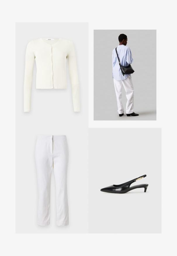 Balta raukšlėta kardiganas su ilgomis rankovėmis, V formos iškirpte ir mygtukų užsegimu priekyje. Pagamintas iš minkštos, tekstūrinės medžiagos.; Kreminis trumpomis rankovėmis viršus su apvaliu iškirpimu, 5 mygtukų užsegimu ir minkštu, tekstūruotu paviršiumi. Medžiaga atrodo lengva ir kasdieniška.; Balti medvilniniai kelnių su tiesiu kojų dizainu, turintys vidutinį liemenį ir be matomų detalių ar raštų. Lygi tekstūra visame paviršiuje.; Juodas odinis pavasario batelių modelis su smailiu nosiu, turintis siaurą kulniuką ir auksinės spalvos akcentu reguliuojamoje juostoje. Lygi tekstūra.; Juodas odinis petinis krepšys su minkšta tekstūra, trikampiu pavidalu ir reguliuojama juosta, derinamas su šviesiai mėlynu dryžuotu marškinėliu ir baltais džinsais.