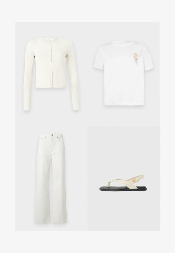 White ribbed cardigan with long sleeves, V-neckline, and a button-down front. Made from a soft, textured fabric.; White cotton t-shirt with short sleeves featuring a minimalist, embroidered yellow popsicle graphic on the left chest area.; Samsøe Samsøe SHELLY - Relaxed fit jeans - clear cream; Flat sandals with a black sole. Upper features cross straps in beige, with a gold buckle detail on the ankle strap. Smooth texture.