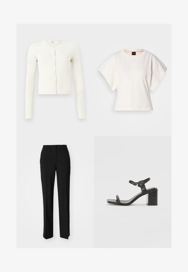 Bela rebrasta jopica z dolgimi rokavi, V-izrezom in gumbnim zapenjanjem spredaj. Narejena iz mehke, strukturirane tkanine.; Bela skrajšana majica s kratkimi širokimi rokavi, mehka bombažna tkanina, okrogla ovratnica z diskretnim oranžnim robom, minimalističen dizajn, brez vzorcev ali grafike.; Črne krojene hlače s direktnim krojem, ki se ponašajo z gladko teksturo in ostrimi pregibi spredaj. Ni vidne kovine.; Črne usnjene sandale z blok peto, širokim trakom čez prste in nastavljivim trakom okrog gležnja, z elegantnim, minimalističnim dizajnom.