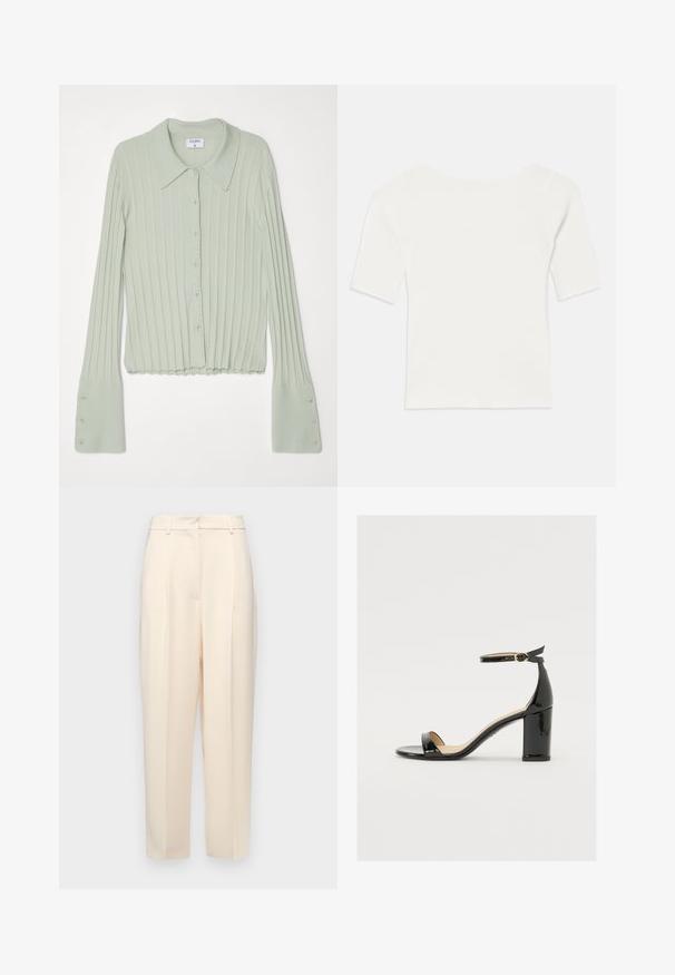 Lichtgroene geribbelde gebreide cardigan met een kraag, knopenfront en uitlopende mouwen. Bevat zes knopen op elke mouw en een geschulpte zoom.; Witte ribben top met korte mouwen en een brede hals. De textuur heeft verticale strepen, die een snug fit en eenvoudig ontwerp benadrukken.; Beige op maat gemaakte broek met een rechte pasvorm, voorzien van plooien aan de voorkant, een gladde textuur en een middelhoge taille. Geen zichtbare zakken.; Zwarte lakleren sandaal met een brede hak, open teen en enkelbandje met een gouden gesp. Zachte textuur en strak ontwerp.