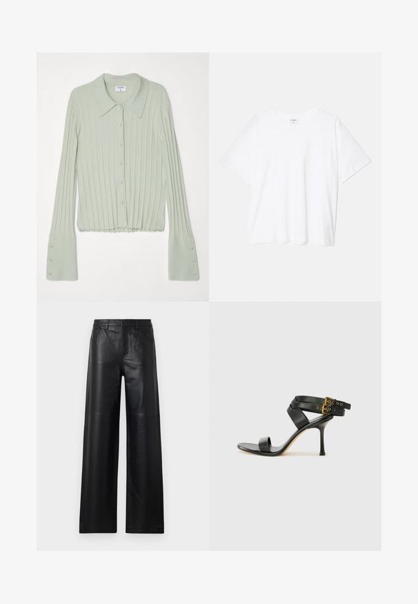 Cardigan de malha canelada verde-claro com colarinho, fecho de botão e mangas largas. Apresenta seis botões em cada manga e uma bainha com acabamento em ondas.; T-shirt de algodão branco com mangas curtas, decote redondo, corte descontraído e bainha cosida. Etiqueta visível no interior do pescoço.; Calças de couro pretas de perna larga com uma textura suave, apresentando bolsos frontais, fecho com botão e detalhes de costura subtis.; Sandal preto de salto alto com tiras cruzadas e fivela ajustável. Apresenta uma textura suave e um salto agulha afilado.