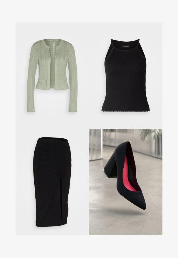 Lys grønn strikket cardigan med teksturdesign, åpen front og lange ermer med bølgede kanter. Enkel og kort modell.; Svart ribbet tanktopp med scallop lace detaljer i kanten. Har tynne stropper og en kroppsnær design. Laget av elastisk stoff.; Svart, rynket blyantskjørt med knyting og sidelits. Laget av et elastisk stoff, med en glatt tekstur og en kroppsnær passform.; Svart høye hæler med spiss tå, teksturert overflate og en livlig rosa innside. Har en kraftig hæl med sølvdetaljer.