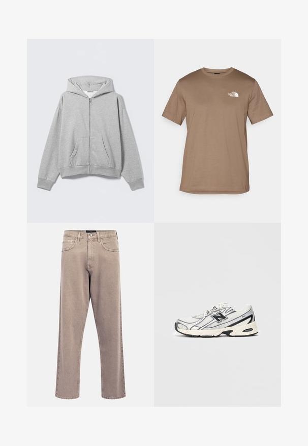 Sweat à capuche gris avec fermeture éclair, fabriqué en tissu doux, doté d'une capuche, de poches avant et de poignets côtelés. Design simple sans motifs ni ornements.; T-shirt marron à manches courtes en coton avec un col ras du cou côtelé. Présente un petit logo blanc sur le côté gauche de la poitrine.; Jean beige clair à jambes droites avec une texture légèrement délavée, design à cinq poches et fermeture à bouton métal. Détails de couture prononcés.; Baskets de sport blanches et grises avec un logo "N" noir, tige en maille, semelle rembourrée et design à lacets, présentées sur un fond gris clair uni.