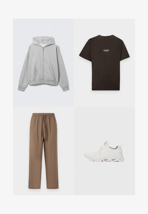 Felpa grigia con zip, realizzata in tessuto morbido, con cappuccio, tasche anteriori e polsini a costine. Design semplice senza motivi o decorazioni.; T-shirt in cotone nero con maniche corte e collo tondo, con il logo "JJ Studios" bianco al centro davanti. Tessuto liscio.; Pantaloni leggeri, tessuti e marroni con una finitura testurizzata. Presentano una vita elastica e un cordino per una vestibilità regolabile. Design a gamba dritta.; Scarpe atletiche bianche con tomaia in maglia testurizzata, lacci piatti e una suola ammortizzata con camere d'aria visibili per un supporto aggiuntivo.