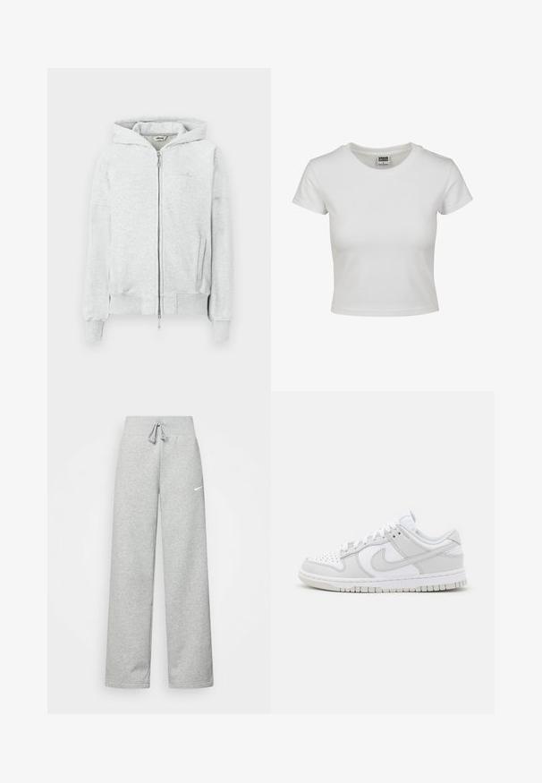 Svijetlosivi dukserica sa zatvaračem i kapuljačom, rebrastim manžetama i rubom, dva prednja džepa i diskretni logo na prsima. Napravljen od mekog materijala.; Bjela pamučna majica s klasičnim okruglim izrezom, kratkim rukavima i prilagođenim oblikom. Nema vidljivih uzoraka ili akcenta.; Sive trenirke s elastičnim pojasom, detaljem za vezanje, i malim bijelim Nike logom na lijevom bedru. Mekana tkanina, širokog kroja.; Bijele kožne tenisice s sivozlatnim naglascima, perforiranim prstom, ravnim vezicama, udobnim ovratnikom i teksturiranom gumena potplatom.