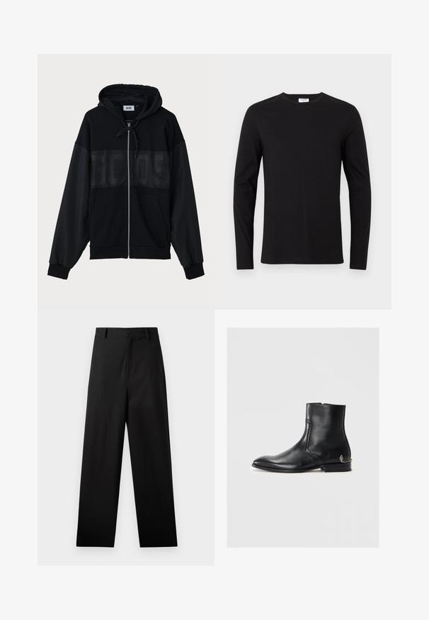 Melnā velkama kapucē ar teksturētu augšējo paneļu, kapuci, priekšējām kabatām un elastīgām piedurknēm. Piedāvā tonāli logo uz krūškurvja.; Melnā garām piedurknēm T-kreklā, kas izgatavots no kokvilnas, ar apaļu kakla izgriezumu un vienkāršu dizainu bez redzamām rakstu vai rotājumiem.; Melnas kokvilnas bikses ar taisnās kājas dizainu, kurām ir priekšējā pogu aizdare un sānu kabatas. Gluda tekstūra, bez rakstiem.; Melna ādas potīšu zābaki ar norādītu pirkstu, teksturētu sānu detaļu, zemu papēdi un mazu dekoratīvu sudraba čūskas akcentu uz papēža.