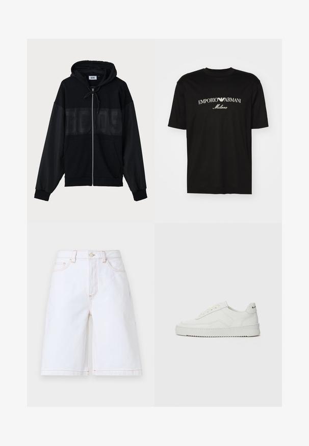 Juodas zip-up džemperis su tekstūruoto viršutinio skydelio, gaubtu, priekinėmis kišenėmis ir elastinėmis rankovėmis. Yra toninis logotipas krūtinės srityje.; Juodas medvilninis marškinėliai su apvaliu iškirpu, trumpomis rankovėmis ir baltu "EMPORIO ARMANI" logotipu virš "Milano" kreivame dizaino.; Balti džinsiniai šortai su tiesiu pjūviu, penkiomis kišenėmis ir kontrastine smėlio spalvos siuvinėjimu. Su priekine saga ir užtrauktuku.; Balti odiniai sportiniai bateliai su lygia apdaila, apvaliu pirštu, plokščiais raišteliais ir tekstūruotu padu. Pasižymi subtiliu logotipu ant kulno.