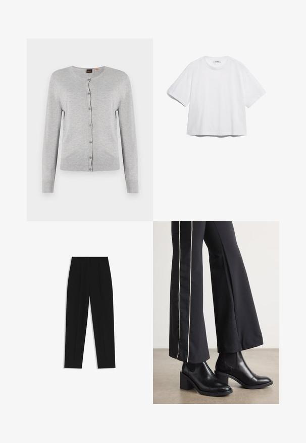 Cardigan grigio lavorato a maglia con maniche lunghe, scollo rotondo e chiusura con bottoni. Presenta un orlo e polsini a coste. Tessuto morbido.; T-shirt bianco in cotone con maniche corte, scollo rotondo, vestibilità rilassata e senza motivi o grafiche visibili. Texture liscia e design semplice.; Pantaloni neri a taglio dritto, con doppie pieghe, una texture liscia e un design classico in vita. Nessun hardware o dettaglio visibile.; Stivaletti in pelle nera con tacco a blocco, dotati di pannelli elastici sui lati. Abbinati a pantaloni neri con una striscia bianca laterale.