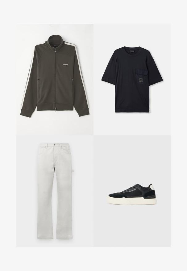 Mørk olivengrønn zip-up jakke med teksturert overflate, hvite striper langs ermer, og to sidelige glidelåslommer.; Svart kortermet t-skjorte med rund hals og klaffelomme på venstre bryst, med et lite rektangulært logomerke.; Lys grå bukser med rett fit, laget av glattet bomullsstoff, med frontlommer og en sidetaskelomme.; Svart sneaker laget av mesh og lær, med en tykk hvit såle og kontrasterende detaljer. Lissene og logoen er detaljer på siden.