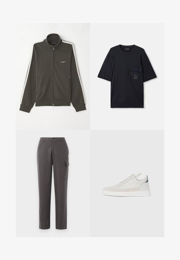 Sötét olívazöld, cipzáras dzseki, textúrált felülettel, fehér csíkkal a ujjain, és két oldalsó cipzáras zsebbel.; Fekete, rövid ujjú, kerek nyakú póló, bal mellen egy zsebből álló, kis téglalap alakú logóval.; Szürke, laza szabású nadrág, sima anyagból készült. Gombos záródással, oldalsó zsebekkel és egy cargo zsebbel rendelkezik a lábon.; Fehér bőr sportcipők szürke bársonyos részletekkel, fűzős kivitelben, hátul húzófüllel és texturált gumi talppal, amelyen zikk-zakk minta található.