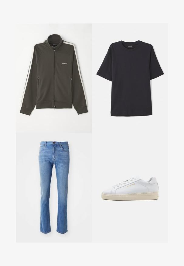 Mørk olivengrønn zip-up jakke med teksturert overflate, hvite striper langs ermer, og to sidelige glidelåslommer.; Marineblå ribbet kortermet t-skjorte med rund hals, med en subtil logo nederst til høyre. Myk tekstur, avslappet passform.; Lys blå rette jeans med et klassisk fem-lommers design, laget av denim. Har knappelukking og broderte detaljer langs sømmene.; Hvit skinn-sneaker med rund tå, flate snorer og en kremfarget gummisåle. Har diskret merkevare i gull og en jevn tekstur.