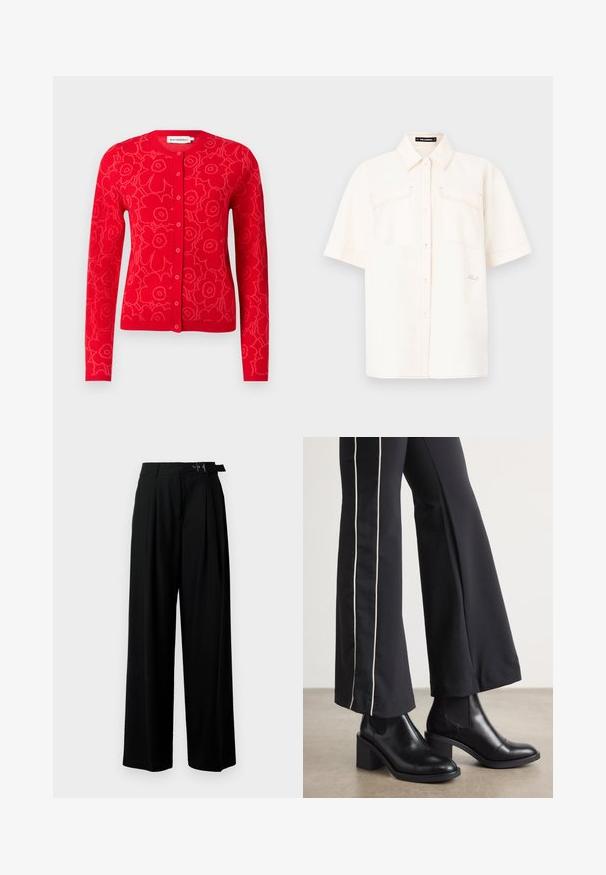 Cardigan roșu cu model floral, având un decolteu rotund, închidere cu buton și mâneci lungi. Textură moale și design ajustat.; Cămașă cu mânecă scurtă, de culoare crem, fabricată dintr-un material ușor, având două buzunare în față, un design cu nasturi și cusături contrastante.; Pantaloni negri cu croi larg, talie înaltă, pliuri în față și un b μέρος cu cataramă. Confecționați dintr-un material neted și ușor.; Bocanci de piele negri până la gleznă, cu toc pătrat, având panouri elastice pe laterale. Asortați cu pantaloni negri care au o dungi albă pe lateral.