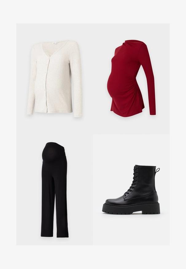 Svijetlosmeđi rebrasti trudnički kardigan s V-izrezom, dugim rukavima i kopčanjem na dugmad; mekana tekstura i prilagođen dizajn oko trbuha.; Duga crvena majica za trudnice s rebrastom teksturom, s drapiranim dekolteom i bočnim naborima kako bi se prilagodila rastućem trbuhu.; Crne trudničke hlače s rastezljivim, prilagođenim pojasom i širokim nogavicama. Napravljene od mekog materijala, pružaju udobnost i potporu.; Crne kožne gležnjače s okruglim vrhom, vezanjem sprijeda i debelim gumenim potplatom s teksturiranim uzorkom. Tipa: traka za vuču na stražnjoj strani.