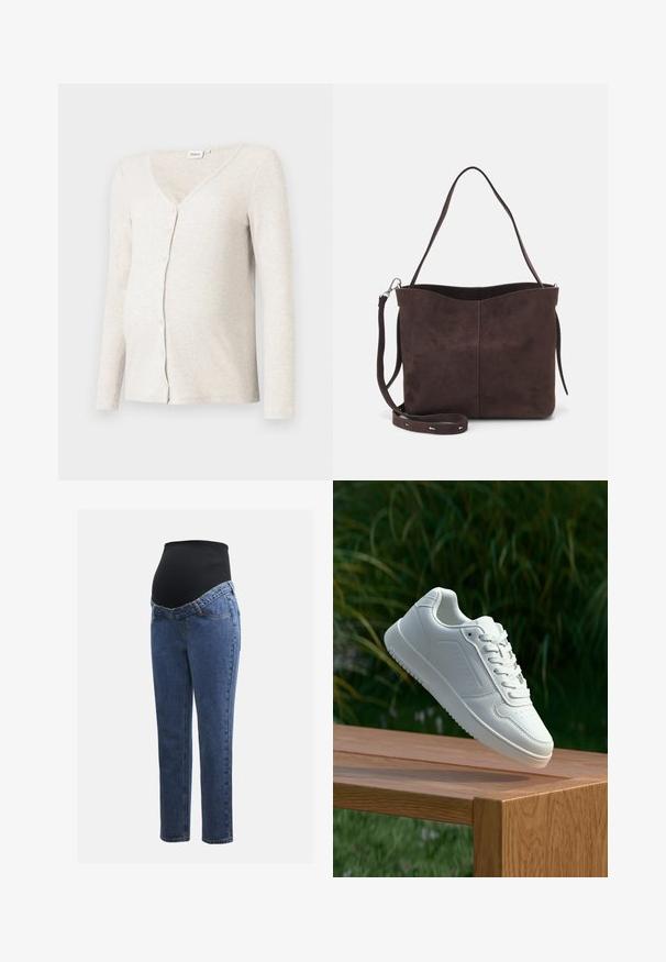 Gaiši bežs ribots grūtniecības kardigans ar V-veida kakla izgriezumu, garām piedurknēm un pogu aizdari; mīksta tekstūra un pieguļošs dizains ap vēderu.; Melnas un baltas grūtniecības T-krekli, īsām piedurknēm, no mīkstas kokvilnas, ar slāņu dizainu, kas ietver savilkta sadaļu augošam vēderam.; Māmiņu džinsi ar zilu denima kājām un melnu elastīgu vēdera paneli, kas izstrādāts, lai atbalstītu un nosegtu augošu vēderu.; Baltie sporta apavi ar gludu sintētisku augšpusi, perforētu pirkstu daļu, plakani šņorēm un rakstainu zoli, novietoti uz koka virsmas.; Brūns zamšādas roku soma ar mīkstu tekstūru, aprīkota ar vienu plecu siksnu un nelielu izliekta augšējā atvēruma dizainu. Nav redzamu metāla detaļu.