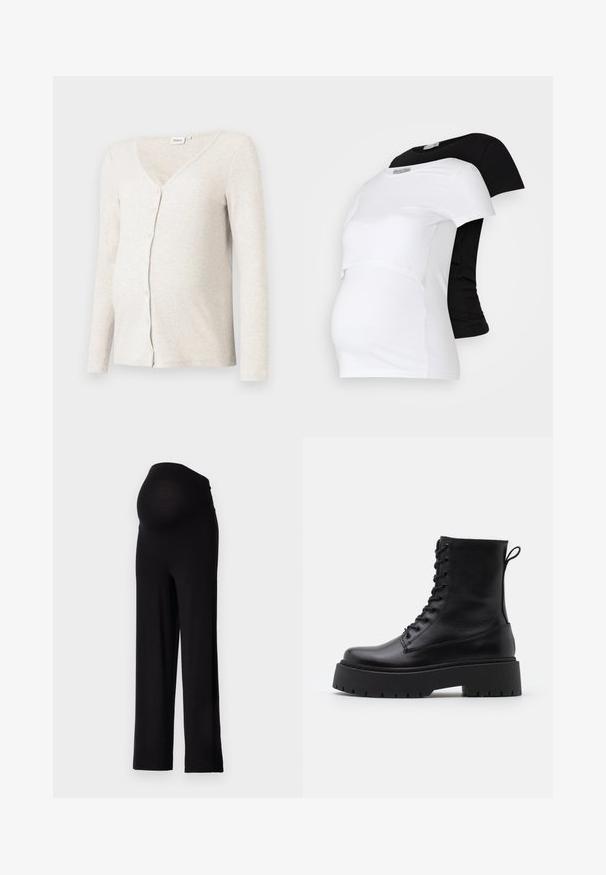 Lys beige ribbet graviditetscardigan med V-hals, lange ærmer og knaplukning; blød tekstur og tætsiddende design omkring maven.; Sort og hvid graviditets T-shirts, med korte ærmer, lavet af blødt bomuldsstof, der har et lagdelt design med en sammensyning til den voksende mave.; Sorte graviditetsbukser med en strækbar, tætsiddende talje og bred ben-design. Lavet af blødt stof, der tilbyder komfort og støtte.; Sorte læder ankelstøvler med rund tå, snørebånd foran og en tyk gummisål med struktureret slidbane. Hæfteløkke bagpå.