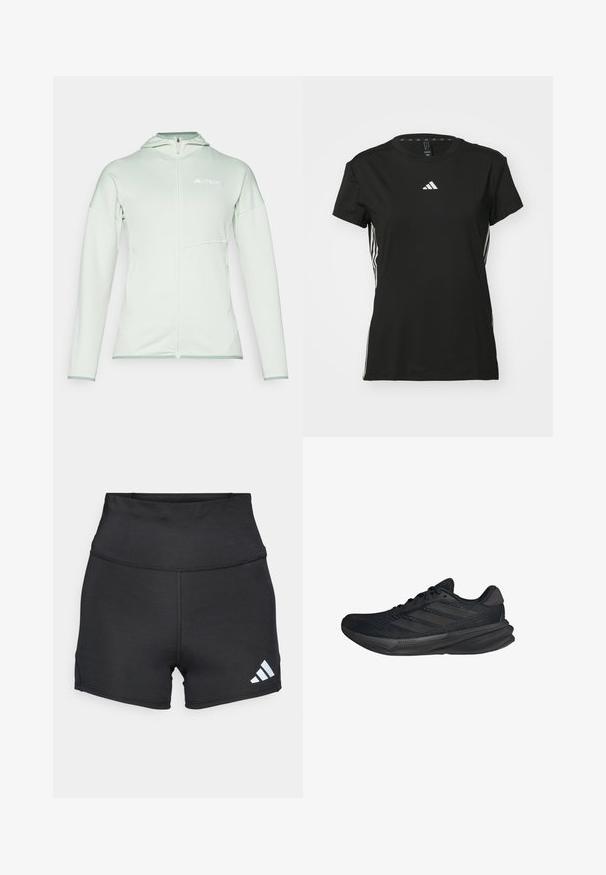 Sudadera con cremallera de color verde claro, hecha de una tela transpirable, que cuenta con un cierre frontal con cremallera, capucha y un logo en relieve en el pecho.; Camiseta deportiva negra de manga corta, fabricada con material sintético. Presenta un pequeño logo blanco en el pecho y rayas blancas a los lados.; adidas Performance Leggings - black; Zapatillas deportivas negras con parte superior de malla, forma aerodinámica, suela plana y tres rayas diagonales en el costado. Diseño ligero para mayor comodidad.