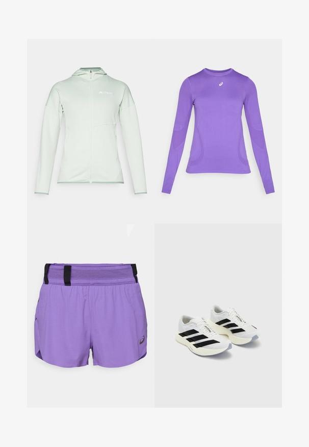 Sudadera con cremallera de color verde claro, hecha de una tela transpirable, que cuenta con un cierre frontal con cremallera, capucha y un logo en relieve en el pecho.; Camiseta atlética de manga larga en tejido de color púrpura claro, con un diseño ajustado, cuello redondo y una textura sutil con detalle del logo en el pecho.; ASICS METARUN SPLIT SHORT - Pantalón corto de deporte - edo purple; Zapatillas deportivas blancas con rayas y logotipo en negro, que cuentan con una parte superior de malla, puntera redondeada y una suela gruesa color crema para mayor amortiguación.