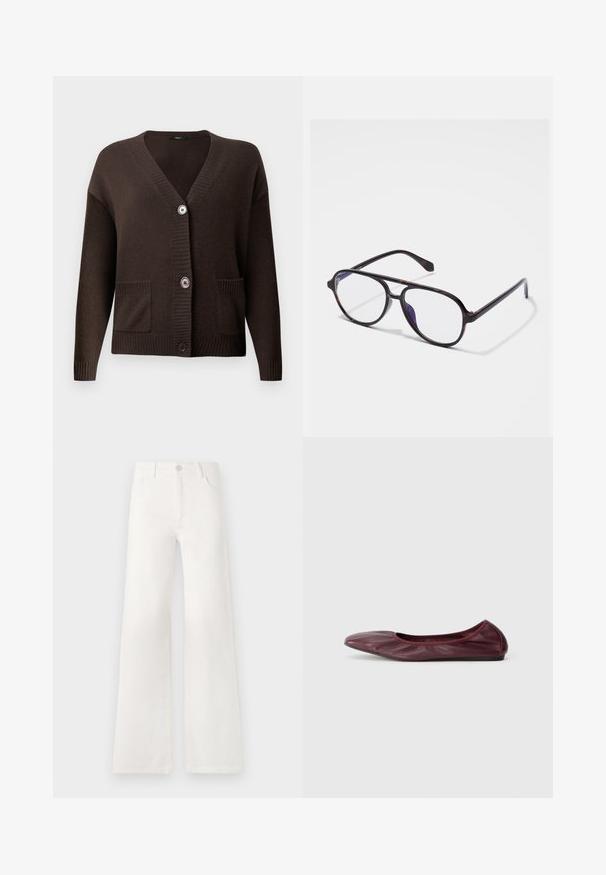 Brown knitted cardigan featuring a V-neck, ribbed cuffs, two front pockets, and large buttons for fastening. Soft texture provides comfort.; White button-up shirt made of lightweight fabric. Features a classic collar, two chest pockets, and a slightly longer back hem.; White, high-waisted wide-leg jeans made of denim. Features a button closure, two front pockets, and side seams with stitching details.; Ballet flat in deep burgundy leather, featuring a rounded toe, elasticized rim, and smooth texture with subtle pleating detail.; Round, dark tortoiseshell glasses with clear lenses. Features slim plastic frames and a subtle hinge detail on the temples.
