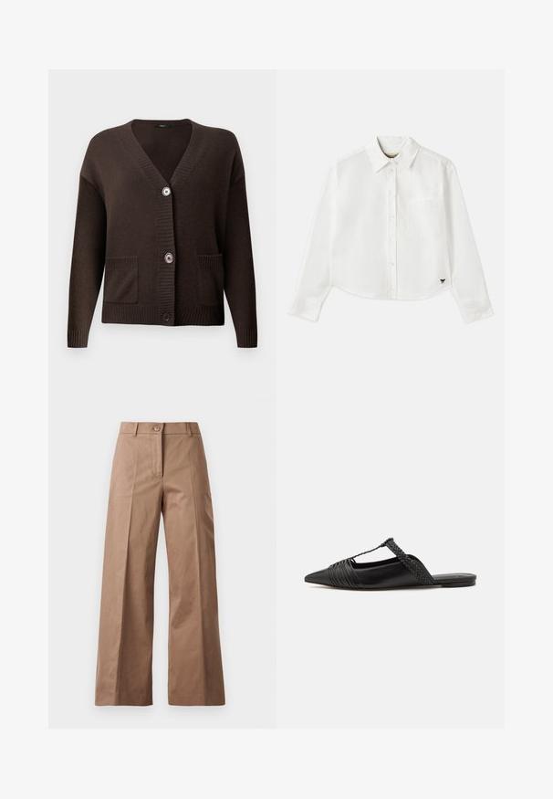 Cardigan marrone lavorato a maglia con scollo a V, polsini a coste, due tasche frontali e grandi bottoni per la chiusura. Texture morbida per il massimo comfort.; Camicia bianca a maniche lunghe e taglio corto in cotone. Presenta una chiusura con bottoni sul davanti, una tasca sul petto e un piccolo logo nero in basso a sinistra.; Pantaloni larghi marroni realizzati in un tessuto morbido, con chiusura frontale con bottone, due tasche anteriori e linee pulite e sartoriali.; Scarpa slingback in pelle nera con punta appuntita, con un dettaglio intrecciato e un design superiore plissettato. Suola piatta con hardware minimale.