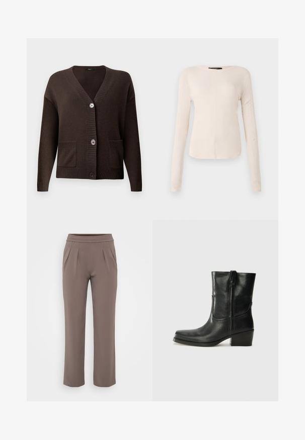 Rjava pletena jopa z V-izrezom, rebrastimi manšetami, dvema sprednjima žepoma in velikimi gumbi za zapiranje. Mehka tekstura zagotavlja udobje.; Dolga majica v svetlo bež barvi s okroglim izrezom. Narejena iz mehkega materiala, ima osrednji šiv in rahlo ukrivljen rob. Ni vidnih elementov.; Taupe hlače širokega kroja z elastičnim pasom in sprednjimi gubi, narejene iz gladkega materiala.; Črne usnjene gležnjarje z zaobljenim nosom, blok peto, stransko zadrgo in šivanjem na vampu. Gladka tekstura, klasična zasnova.