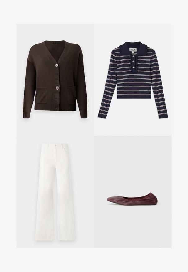 Ruskea neulottu neuletakki, jossa on V-pääntie, resorit hihansuissa, kaksi etutaskua ja isot napit kiinnitystä varten. Pehmeä koostumus tarjoaa mukavuutta.; Laivastonsininen pitkähihaisempi paita, jossa on vaaleanpunaisia vaakaraitoja, röyhelökaulus ja etupuolella kolme napinläpeä; valmistettu pehmeästä ja joustavasta materiaalista.; Valkoiset, korkeavyötäröiset ja leveälahkeiset farkut, jotka on valmistettu denimkankaasta. Ominaisuuksiin kuuluu napp closure, kaksi etutaskua ja sivusaumojen ompeluyksityiskohdat.; Ballet flatti tumman burgundin värisessä nahassa, jossa on pyöreä kärki, venytettävä reuna ja sileä pinta, jossa on hienovaraisia laskosyksityiskohtia.