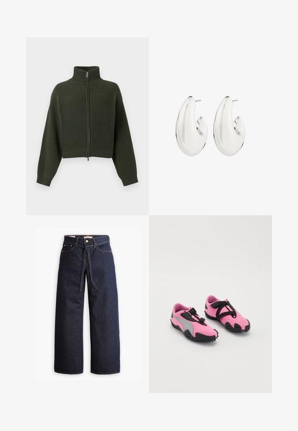 Pull court en maille de couleur vert foncé avec col montant et fermeture éclair à l'avant. Doté de manches larges et d'une texture côtelée sur l'ensemble du tissu.; Haut à manches longues blanc en tissu doux et lisse. Il présente un col rond et une coupe ajustée avec des détails de couture minimalistes.; Jeans en denim bleu foncé à jambes larges, avec une taille haute, dotés d'un lien à cordon, de cinq poches et de détails de couture contrastants.; Baskets de sport roses avec une tige en tissu texturé, accents gris et une semelle en caoutchouc dotée de picots pour l'adhérence. Des sangles noires assurent le maintien.; Boucles d'oreilles en ton argent avec un design allongé et ondulé. Surface lisse et réfléchissante avec un fermoir à tige percée.