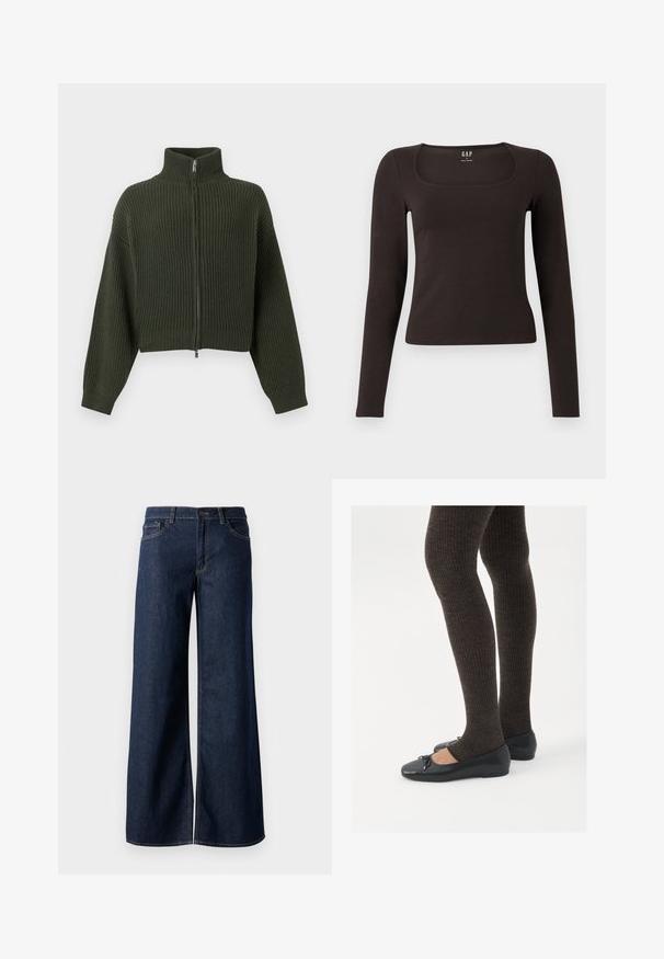 Pleteni skraćeni pulover u tamnozelenoj boji s visokim ovratnikom i zatvaračem sprijeda. Ima široke rukave i rebrastu teksturu po cijelom materijalu.; Crna majica dugih rukava, uskog kroja s kvadratnim izrezom, označena s GAP, prikazana na bijeloj pozadini.; Široke traperice u tamnoplavoj denim boji. Sadrže kontrastno šivanje, pet džepova i kopčanje na dugme u struku. Glatka tekstura.; Crne ravne cipele s malim mašnom na vrhu prstiju, uparene s tamnosmešnim rebrovanim čarapama. Cipele imaju glatku teksturu i nizak profil.