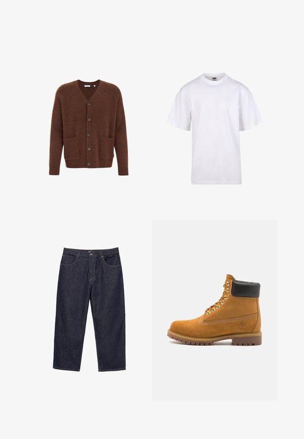 Barna gyapjú kardigán V-nyakkivágással, elöl hat gombbal, két elülső zsebbel, valamint bordázott mandzsettákkal és aljjal.; Fehér pamut póló kerek nyakkivágással, rövid ujjal és laza szabással. Egyszerű dizájnnal rendelkezik, minták vagy díszek nélkül.; Sötétkék egyenes szárú farmernadrág elöl gombbal és cipzárral, valamint öt zsebbel, fehér háttér előtt bemutatva.; Barna velúr bokacipő fekete párnázott gallérral, arany fém fűzőlyukakkal, fehér varrási részletekkel és durva gumitalppal, amelynek kifejezett barázdái vannak.