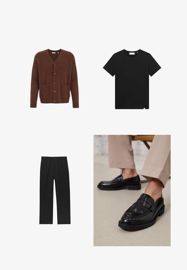 Barna gyapjú kardigán V-nyakkivágással, elöl hat gombbal, két elülső zsebbel, valamint bordázott mandzsettákkal és aljjal.; Fekete rövid ujjú pamut póló, kerek nyakkal és egy kis géppel hímzett logóval a mellrészen. Sima tapintás, szabványos illeszkedés.; Fekete nadrág egyenes szárú kialakítással, sima anyagból készült. Elöl redők és egy gombos záródás található a derékon.; Fekete bőr loaferek sima felülettel, díszítő pánttal és kontrasztos varrással, bézs nadrággal párosítva.