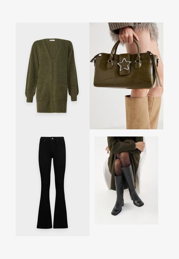 JDY JDYINGEBORG CARDIGAN - Cardigan - dark green; Set de două bluze cu mâneci lungi, una albă și una neagră. Textură ribbată, decolteu rotund, design ajustat cu mâneci ușor evazate.; Jeans negri cu talie înaltă, cu închidere prin nasture și fermoar, buzunare frontale și picioare evazate, așezați pe un fundal alb.; Cizme din piele neagră, până la genunchi, cu vârf pătrat și toc bloc, prezentate pe un model așezat într-o haină verde măsline. Textură netedă, detalii minime.; Geantă din piele ecologică de culoare verde măslin, cu accent din stea argintie, două mânere și închidere cu fermoar. Suprafață texturată și formă structurată.