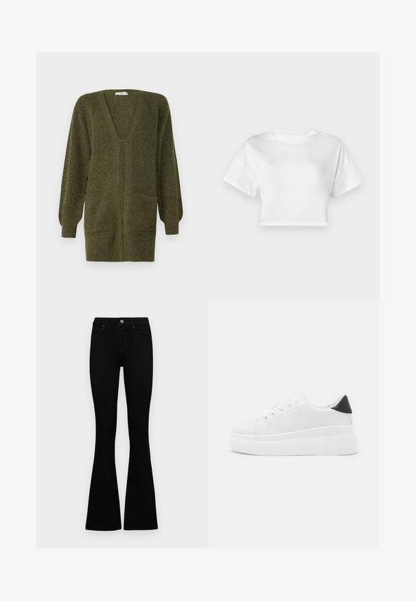 JDY JDYINGEBORG ciemnozielony; Biały skrócony t-shirt wykonany z bawełny. Krótkie rękawy, okrągły dekolt, gładka faktura, casualowy design bez wzorów ani ozdobników.; Czarne, wysokie dżinsy z guzikem i zamkiem błyskawicznym, z przednimi kieszeniami i rozszerzanymi nogawkami, leżące płasko na białym tle.; Białe sneakersy na platformie wykonane z gładkiego materiału syntetycznego, z zaokrąglonym noskiem, sznurowanym zapięciem i teksturowaną gumową podeszwą. Czarne akcenty na pięcie.