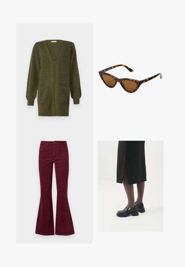 JDY JDYINGEBORG CARDIGAN - Jopica - dark green; Bela bodisu s kvadratnim izrezom, brezrokavni dizajn, gladka tekstura in zapiranje na dnu s pritisnim gumbom. Preprost in minimalističen slog.; Burgundske kordurojske hlače s širokimi hlačnicami, petimi žepi, sprednjim zapiranjem na gumb in teksturirano tkanino. Široke noge se razširijo od kolena do roba.; Črne usnjene čevlje s zaobljenim prstom, debelim blokastim petama in elastičnimi stranskimi detajli, v kombinaciji s temno nogavicami in črno krilo z razporkom.; Mačje oči sončna očala z okvirom v črno-oranžni želvej ohišji, rjavimi lečami in elegantnimi, ostrimi konicami. Imajo minimalistični logo na ročaju.; Mala kremna torbica z teksturiranim zaključkom, dolgim nastavljivim trakom, verižnim poudarkom in zapiranjem na poklop. Detajli iz zlatega kovinskega materiala.
