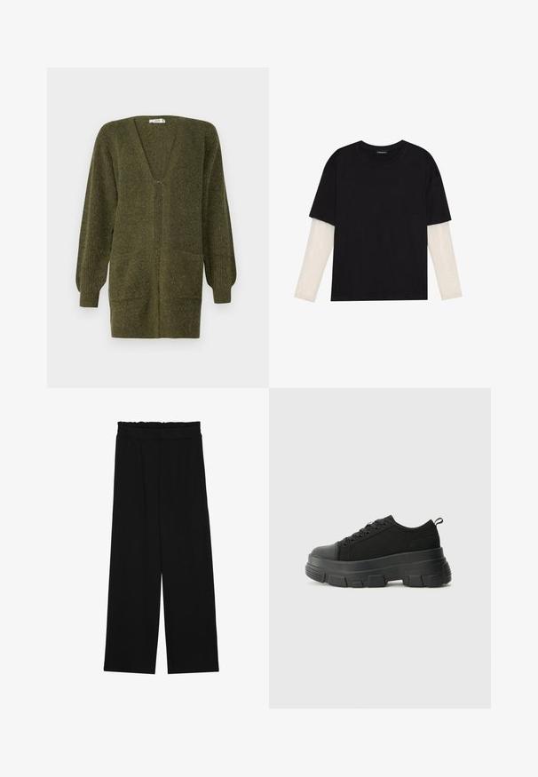 JDY JDYINGEBORG CARDIGAN - Kardiganas - dark green; Juodas medvilninis marškinėliai su trumpomis rankovėmis, virš baltos ilgo rankovio sluoksnio, turinčio subtilų tekstūrinį raštą. Apvalus iškirpimas.; Juodi platūs kelnes su volaniniu juosmeniu, turinčiu dvi šonines kišenes ir glotnią, lengvą medžiagą. Nėra matomų raštų ar detalių.; Juodos sportinės bateliai su stambiu guminiais padu, tekstūrizuotu audinio viršumi, apvaliu pirštu ir raištelių uždarymu. Yra sutvirtinti akių angos ir nugaros kilputė.