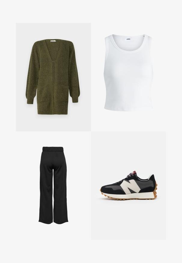 JDY JDYINGEBORG CARDIGAN - Casaco de malha - dark green; Top curto branco com nervuras, apresentando um decote redondo, design sem mangas e um comprimento cropped. Rótulo lê "JJXX." Textura de tecido suave.; Calças largas e pretas com uma cinta elástica, feitas de um tecido suave. Apresentam um design limpo, sem bolsos ou detalhes de costura visíveis.; Sneaker em camurça preta e cinza com um grande logótipo "N" creme, cordões roxos e uma sola de borracha texturizada em cor de goma.
