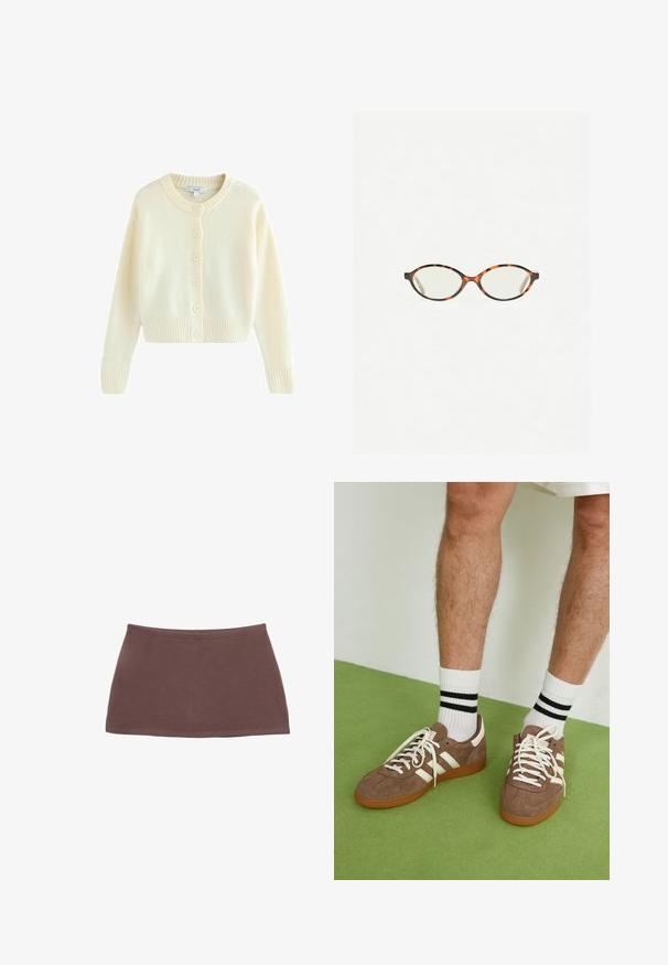 Kremowy kardigan wykonany z miękkiego dzianinowego materiału. Posiada okrągły dekolt, długie rękawy oraz sześć guzików z przodu. Ribbowane wykończenia u dołu i przy mankietach.; Biały bawełniany top na ramiączkach z okrągłym dekoltem, bez rękawów, o dopasowanym kroju. Gładka tekstura, prosty fason i minimalne detale szwowe.; Brązowa bawełniana mini spódnica o prostym kroju, gładkiej fakturze i elastycznym pasie. Charakteryzuje się prostym wzornictwem bez wzorów czy elementów metalowych.; Brązowe zamszowe sneakersy z białymi akcentami i sznurówkami. Gumowa, brązowa podeszwa. Noszone z białymi skarpetkami w czarne paski. Zielona teksturowana podłoga.; Okulary w kolorze tortoiseshell z owalnymi soczewkami i gładkim, eleganckim wykończeniem. Posiadają cienkie boki z delikatnym łukiem w okolicy skroni. Przezroczyste soczewki.; Czerwona skórzana torebka na ramię o zakrzywionym kształcie, gładkiej fakturze i zamek błyskawiczny. Posiada cienką rączkę do noszenia.