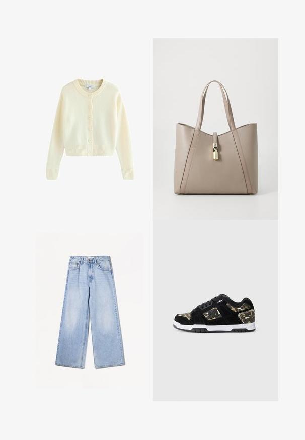 Cremefarvet cardigan lavet af blødt strikket materiale. Har en rund halsudskæring, lange ærmer og seks frontknapper. Ribbet kant og manchetter.; Sort ærmeløs top lavet af ribbet stof med rund halsudskæring, der har en glat overflade og enkelt design. Ingen mønstre eller accenter.; Bershka WIDE-LEG - Wide leg - light-blue denim; Sort ruskinds sneaker med camomønster på siden, hvid mellemsål og sort gummisål. Har snørebånd og logo-detalje på siden.; Beige læder tote taske med en struktureret form, der har et guld hardware accent og kontrasterende håndtag for ekstra detalje.