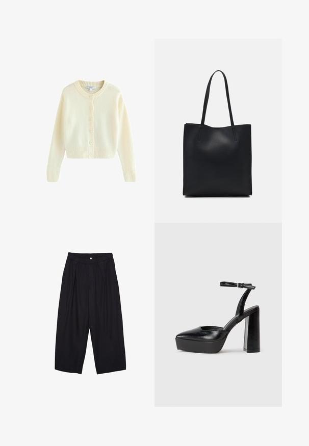 Kremni kardigan izdelan iz mehkega pletenega materiala. Ima okroglo ovratnico, dolge rokave in šest sprednjih gumbov. Rebrast rob in manšete.; Črn kratki top s kratkimi rokavi, narejen iz mehkega materiala, z okroglo izrezom in sproščenim krojem ter čistim robom.; Črne poliesterske culotte hlače z elastičnim pasom, dvema sprednjima nabiranjema in ohlapnim krojem. Brez vidnih vzorcev ali kovinskih detajlov.; Črne platforme z visokimi petami in koničastim nosom ter nastavljivim gležnjenjskim trakom. Narejene iz gladke usnje, s kockasto peto.; Črna usnjena torba s svilnato teksturo, pravokotne oblike in dvema dolgima ročajema. Brez vidnih metalnih delov ali okrasnih elementov.