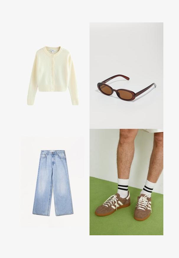 Cremefarvet cardigan lavet af blødt strikket materiale. Har en rund halsudskæring, lange ærmer og seks frontknapper. Ribbet kant og manchetter.; Hvid kortærmet t-shirt lavet af bomuld. Har en rund halsudskæring og en afslappet pasform. Glat tekstur uden synlige mønstre eller detaljer.; Bershka WIDE-LEG - Wide leg - light-blue denim; Brune ruskind sneakers med hvide detaljer og snørebånd. Gummisål i naturgummi. Båret med hvide sokker med sorte striber. Grøn struktureret gulv.; Runde, bruntonede solbriller med en glansfuld bordeauxramme. Slanke arme med diskret brandingdetalje. Flad linsedesign.; Brun vævet læderhandbag med en slasket, trekantet form. Har et flettet håndtag og en lynlåslukning langs toppen.
