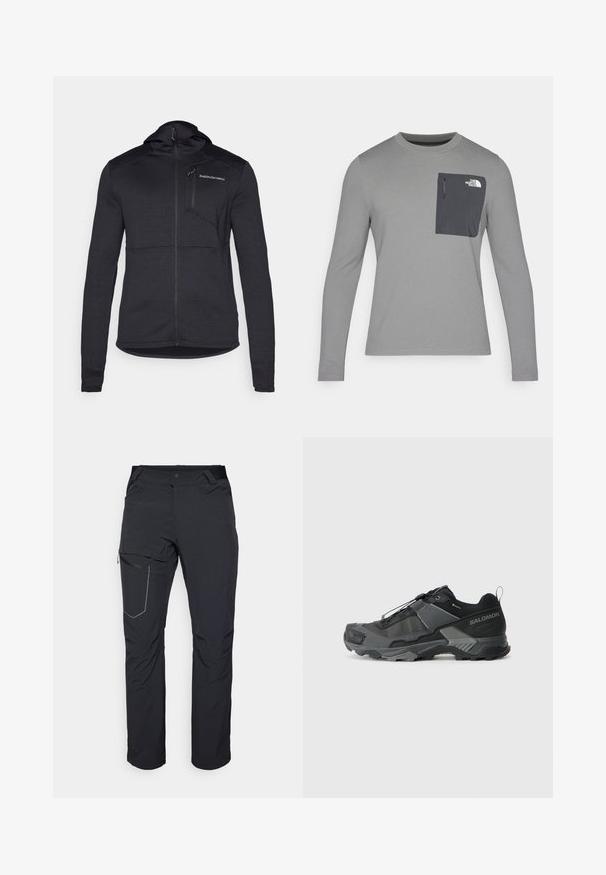 Fekete kapucnis dzseki texturált anyagból, teljes hosszúságú zipzárral és mellzsebbel. Jellemzője a testhezálló fazon és a vállak mentén lévő kontrasztos panel.; Hosszú ujjú szürke ing, texturált anyagból, sötétszürke mellzsebbel és cipzárral. A zsebén fehér logó található.; Fekete kültéri nadrág, cipzáras combzsebbel, rugalmas derékrésszel és sima, vízlepergető szövettel. Tiszta dizájn, látható logók nélkül.; Fekete terepfutó cipő tartós hálós felsőrésszel, megerősített orr résszel, texturált gumitalppal és rugalmas fűzőrendszerrel a biztonságos illeszkedés érdekében.