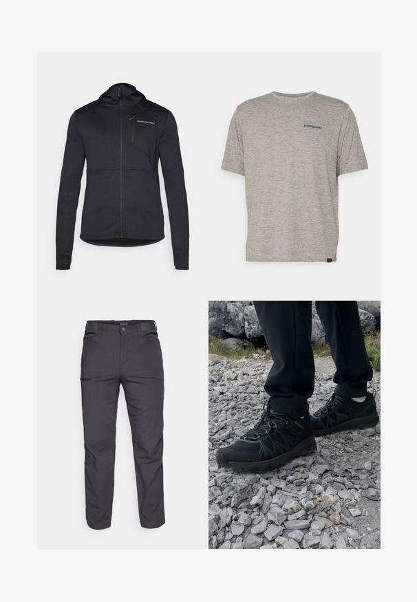 Crna dukserica s kapuljačom od teksturirane tkanine, s punim patentnim zatvaračem i džepom na prsima. Ima prilagođeni kroj i kontrastne panele duž ramena.; Siva majica kratkih rukava izrađena od mekane, teksturirane tkanine s malim plavim Patagonia logotipom na lijevoj strani prsiju. Bez dodatnih uzoraka.; Tamno sivi hlače od izdržljive tkanine, s patentnim zatvaračem na džepu, ravnog kroja i s petljama za remen za podešavanje veličine.; Crne vanjske cipele s mrežastim i sintetičkim materijalom, s teksturiranim gornjim dijelom, osiguranim sustavom vezanja i čvrstim potplatom, na stjenovitom terenu.