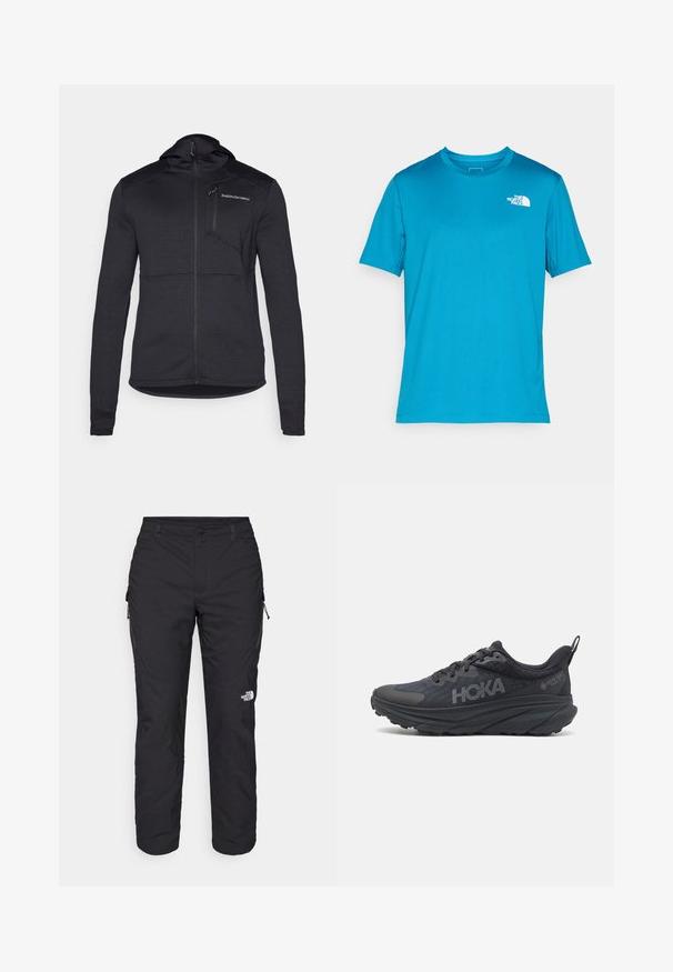 Casaco preto com capuz, feito de tecido texturizado, com fecho de correr completo e bolso no peito. Apresenta um design ajustado e um painel contrastante ao longo dos ombros.; T-shirt turquesa de manga curta em tecido respirável, com decote redondo e um logótipo branco no canto superior esquerdo do peito.; The North Face WINTER EXPLORATION TAPERED CARGO  - Calças para exterior - black; Sapatilha de corrida Hoka preta com parte superior em malha, detalhes texturizados e uma sola grossa e acolchoada com bordas afiladas para um suporte melhorado.