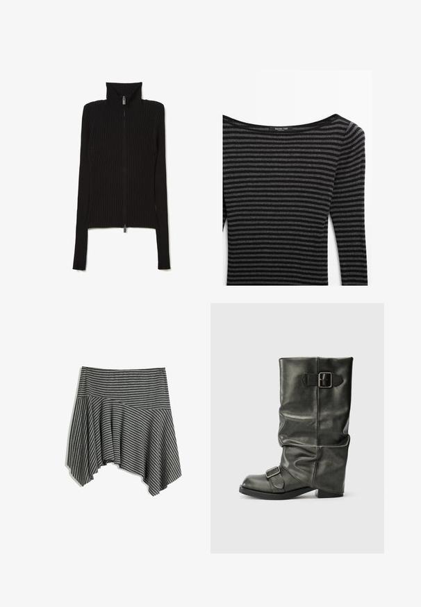 Schwarzer, gerippter Strick-Zipfelpullover mit hohem Kragen und langen Ärmeln. Verfügt über einen Reißverschluss in der Mitte und einen strukturierten Stoff.; Schwarz- und grau gestreifter Pullover mit gerippter Textur, ausgestattet mit einem weiten Ausschnitt und langen Ärmeln. Marke: Massimo Dutti.; Grau gestreifte Tasche mit asymmetrischem Saum. Aus weichem Stoff gefertigt, mit einem figurbetonten Bund und fließendem Fall.; Schwarzer Fake-Leder-Ankle-Boot mit einem lässigen Schaft, einem auffälligen Absatz und zwei metallischen Schnallen an der Seite für Details.
